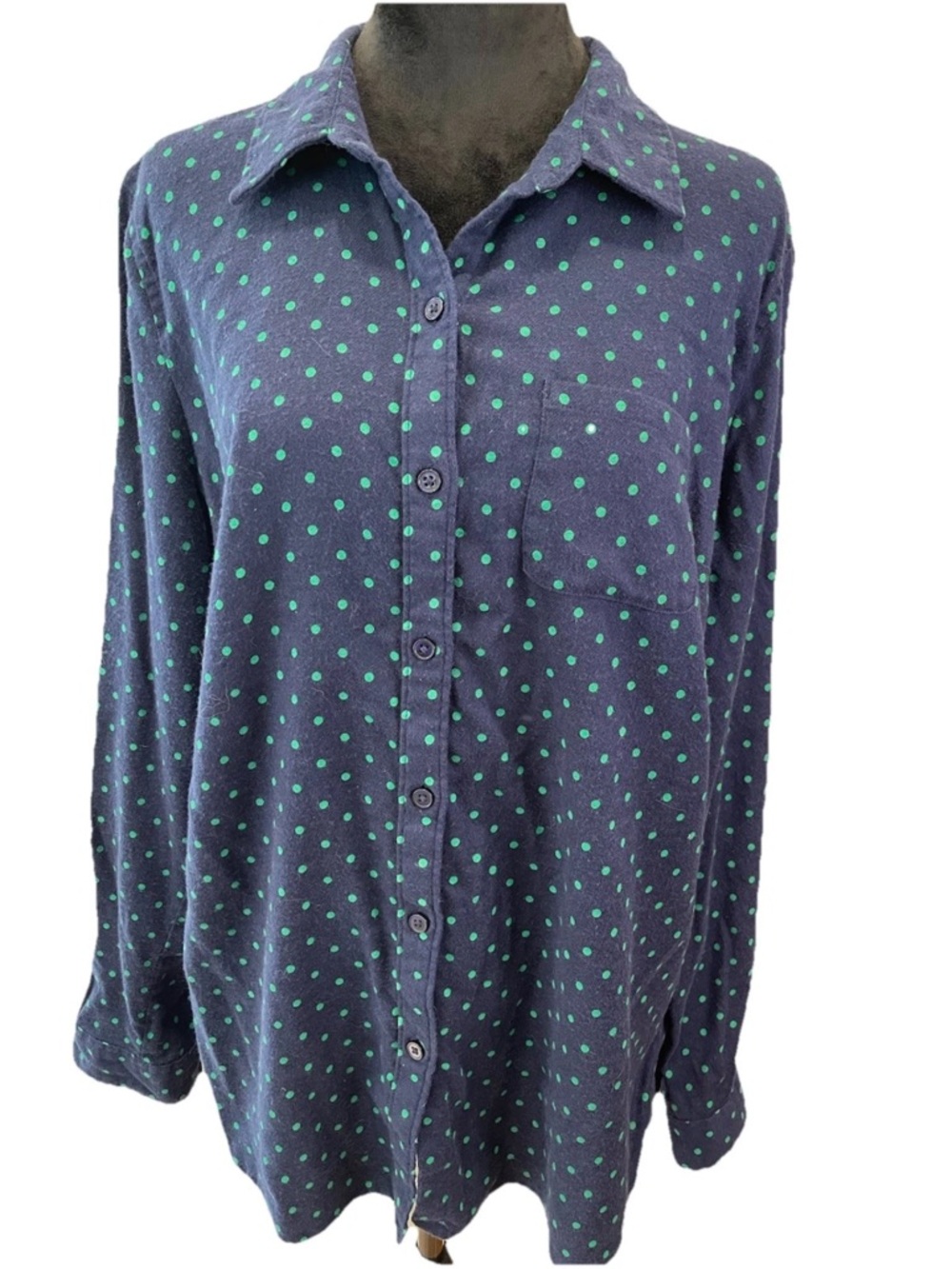 Kim Rogers 100% cotton flannel style navy green polka dot button up‎ blouse Sz L